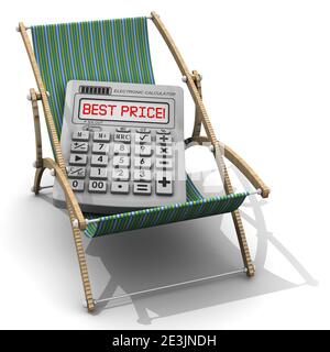 Excursion au meilleur prix. Le concept. Calculatrice électronique avec texte rouge MEILLEUR PRIX! il est situé sur un transat. Concept de voyage à bas prix. Illustration 3D Banque D'Images