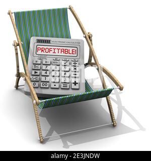 Des vacances rentables. Calculatrice électronique avec mot rouge RENTABLE! il est situé sur un transat. Le concept des vacances bon marché. Illustration 3D Banque D'Images