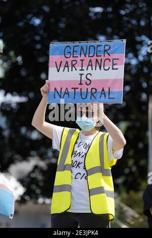 Plymouth, Royaume-Uni. 18 juillet 2020. TRANS vit affaire de protestation sur la place civique, dans le centre de la ville. Banque D'Images