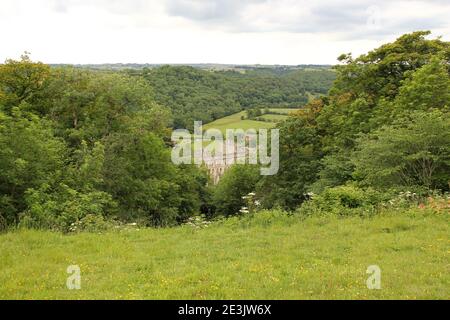 Vue lointaine de l'abbaye de Reivaulx vue depuis les terrasses et Temples de North Yorkshire Moors England Banque D'Images