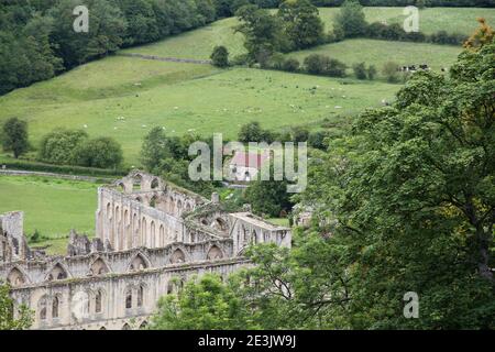 Abbaye de Reivaulx vue depuis les terrasses et les temples au nord Yorkshire Moors Angleterre Banque D'Images