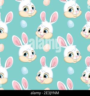 Motif vectoriel sans couture avec le concept Pâques. Têtes de lapins blancs mignons et œufs de pâques. Illustration colorée isolée sur fond turquoise. Pour Illustration de Vecteur