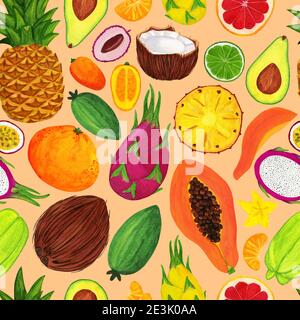 Aquarelle exotique fruit juteux sans coutures Banque D'Images