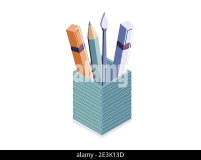 Stylo de bureau, crayon, porte-brosse. Illustration isométrique des sous-plis de l'école de dessin. Vecteur. Illustration de Vecteur
