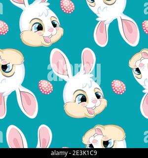 Motif vectoriel sans couture avec le concept Pâques. Têtes de petits lapins blancs mignons et œufs de pâques. Illustration colorée isolée sur fond turquoise. Pour Illustration de Vecteur