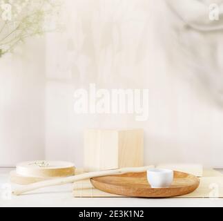 Scène avec formulaires géométriques. Vitrine vide pour la présentation de produits cosmétiques écologiques. Maquette pour produits cosmétiques naturels. Arrière-plan cosmétique minimal Banque D'Images