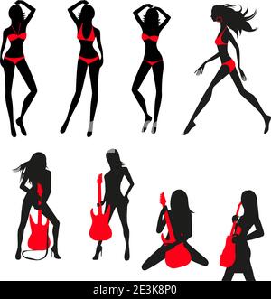 Ensemble de silhouettes de filles fines avec guitares dans bikini. Illustration de Vecteur