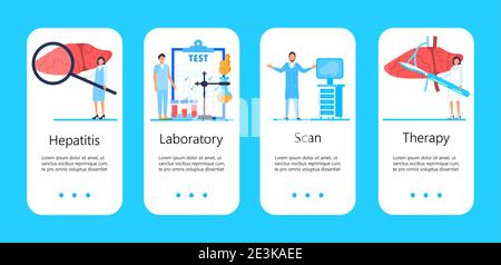 Hépatite A, B, C, D, cirrhose apps. Concept de la Journée mondiale de l'hépatite. Les médecins minuscules traitent le foie. Laboratoire, test sanguin sont montrés. Vecteur de modèles bleus Illustration de Vecteur