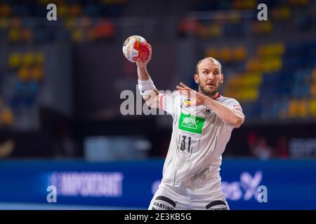 Madinat Sittah Uktubar, Égypte. 19 janvier 2021. Handball: Championnat du monde, Allemagne - Hongrie, cycle préliminaire, Groupe A, Matchday 3. Marcel Schiller (Frisch Auf ! Göppingen) sur le coup de pénalité. Credit: Sascha Klahn/dpa/Alay Live News Banque D'Images