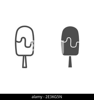 Ligne de crème glacée et icône solide, concept de confiserie, eskimo avec signe de glaçure de chocolat noir sur fond blanc, icône de lally de glace dans le style de contour pour Illustration de Vecteur