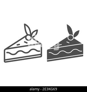 Ligne de tranche de gâteau et icône solide, concept de confiserie, enseigne de cheesecake sur fond blanc, morceau de gâteau au chocolat avec baie sur icône supérieure dans le contour Illustration de Vecteur