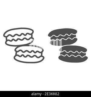Ligne de macarons et icône solide, concept de confiserie, signe de dessert sucré macaron sur fond blanc, icône de macarons en forme de contour pour mobile Illustration de Vecteur