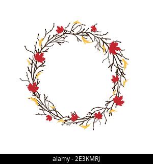 Couronne ronde avec branches et brindilles noires et feuilles d'automne. Guirlande d'automne. Bon pour les cartes de vœux Hello Autumn ou Thanksgiving. Illustrateur de vecteur Illustration de Vecteur