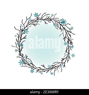 Couronne de branches et de brindilles noires avec flocons de neige bleus. Garland bon pour les cartes de vœux de nouvel an. Illustration de Noël vectoriel clip art isolée o Illustration de Vecteur