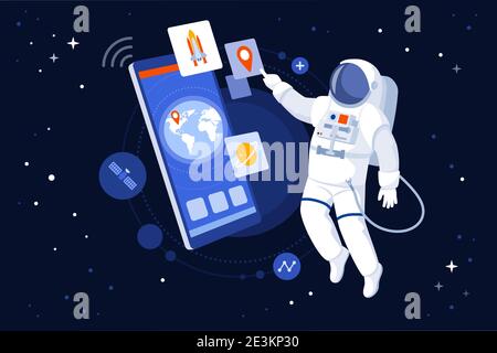 Astronaute flottant dans l'espace et utilisant la navigation GPS activée son smartphone Illustration de Vecteur