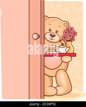 Illustration de l'ours en peluche mignon tenant un plateau de petit déjeuner avec des fleurs. Illustration de Vecteur