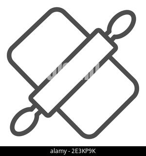 Icône de la ligne de la broche et du plateau, concept de cuisson, symbole des outils de préparation de la pâte sur fond blanc, icône de la planche à découper et du rouleau de pain en forme de contour Illustration de Vecteur