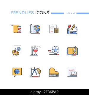 Thèmes scolaires - jeu d'icônes de style de design de ligne moderne. Apprentissage et idée de connaissance. Histoire, géographie, biologie, langue, PE, chimie, art, mathématiques, d Illustration de Vecteur