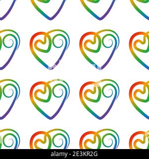 Hippie style.coeur arc-en-ciel sur un fond blanc. Curligues spectrales en forme de coeurs.concept design pour la Saint-Valentin, lgbd, papier peint, années 80 Illustration de Vecteur
