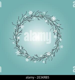 Couronne de branches noires, brindilles avec flocons de neige blancs sur ciel bleu d'hiver. Garland bon pour les cartes de vœux du nouvel an. Noël vectoriel clip art illust Illustration de Vecteur