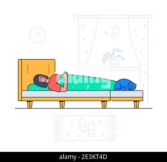 Girl Sleeping - dessin plat coloré de style illustration avec des éléments de ligne sur fond blanc. Une composition avec une jeune femme couché dans son lit au cdm Illustration de Vecteur