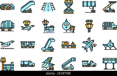 Icônes de service d'assistance au sol de l'aéroport définies. Ensemble de contours de l'aéroport de support sol de service vecteur icônes mince ligne couleur plate sur blanc Illustration de Vecteur