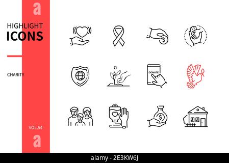 Ensemble d'icônes style dessin de ligne - concept de charité. Thèmes du don, de la collecte de fonds et du bénévolat. Ruban de sensibilisation, aider les enfants, planète sûre, planter un tr Illustration de Vecteur