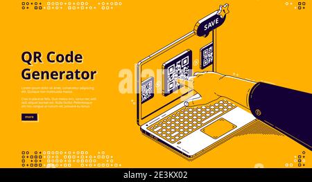 Générateur de code QR page de renvoi isométrique, pousser main sur l'écran en utilisant le service pour la création de marque optique lisible par machine pour obtenir des informations ou paiement en ligne sans espèces, bannière web d'art de ligne de vecteur 3d Illustration de Vecteur