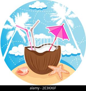Illustration vectorielle d'un cocktail de noix de coco sur une plage tropicale. Séparer les calques. Illustration de Vecteur