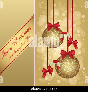 Magnifique carte de Noël à motif illustration dorée avec décorations. Tous les éléments sont regroupés et séparés en calques. Illustration de Vecteur