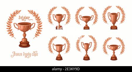 Coupes à trophées en bronze avec couronnes de Laurier. Coupes de trophées de différentes formes - trophées de troisième place. Illustration vectorielle de style dessin animé. Illustration de Vecteur