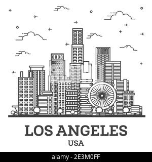 Contour Los Angeles California USA City Skyline avec bâtiments modernes isolés sur blanc. Illustration vectorielle. Paysage urbain de Los Angeles avec des monuments. Illustration de Vecteur