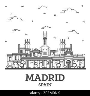 Madrid Espagne aperçu sur les toits de la ville avec ses bâtiments historiques isolé sur blanc. Vector Illustration. La ville de Madrid avec repères. Illustration de Vecteur