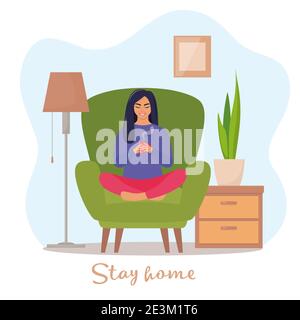 Restez à la maison. Une jeune femme assise dans un fauteuil dans une pose de Lotus et tient une tasse de boisson chaude dans ses mains. Concept de repos et de détente. Vecteur illu Illustration de Vecteur