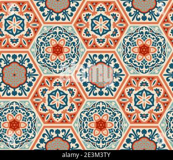 Carreaux en céramique de ciment à motifs hexagonaux, motif vectoriel sans couture, style patchwork. Azulejo portugais, talavera, tuiles marocaines Illustration de Vecteur