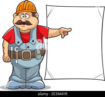 Illustration de l'homme de travail Catoon Builder avec enseigne. Illustration de Vecteur