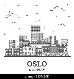 Contours Oslo Norvège Ville avec des immeubles modernes isolé sur blanc. Vector Illustration. La Ville d'Oslo avec repères. Illustration de Vecteur