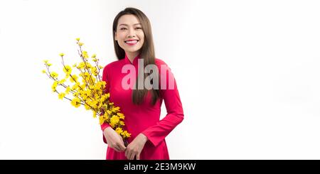 Belle femme asiatique en robe rouge style vietnamien tenir Hoa Mai arbre (Ochna Integerrima) fleur dans le bras en lunaire nouvel an. Banque D'Images