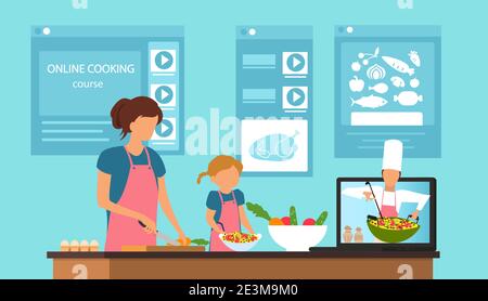 Vecteur d'une mère et d'une fille apprenant des recettes en ligne, la cuisine à la maison tout en regardant une vidéo d'un chef expliquant comment préparer des aliments sains Illustration de Vecteur