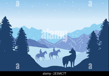 scène sauvage de snowscape de l'ouest avec des cow-boys dans les chevaux et le chien illustration vectorielle Illustration de Vecteur