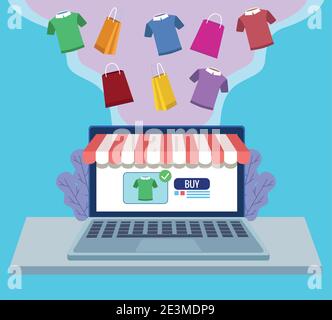technologie d'achat en ligne dans ordinateur portable avec chemises et sacs vecteur conception de l'illustration Illustration de Vecteur