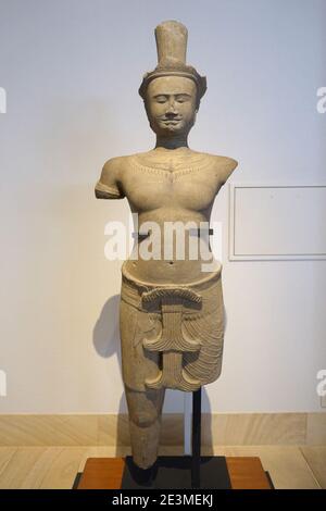 Figure mâle, khmer, 9e-10e siècle AD, grès - Banque D'Images