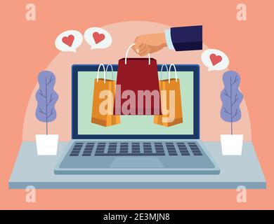 technologie d'achat en ligne dans un ordinateur portable avec les mains soulevant des sacs vecteur conception de l'illustration Illustration de Vecteur