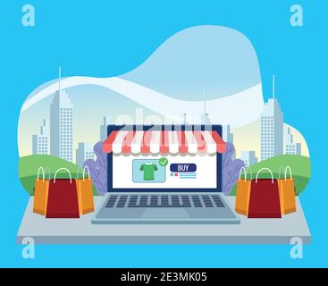 technologie d'achat en ligne dans un ordinateur portable avec illustration vectorielle de sacs d'achat conception Illustration de Vecteur