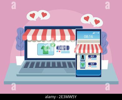 technologie d'achat en ligne sur smartphone et ordinateur portable avec vecteur cœur conception de l'illustration Illustration de Vecteur