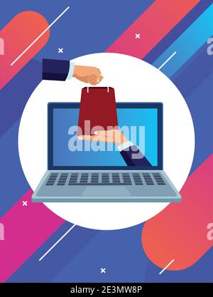 technologie d'achat en ligne dans un ordinateur portable avec vecteur de sac de levage des mains conception de l'illustration Illustration de Vecteur
