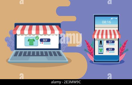 technologie d'achat en ligne dans le design vectoriel de smartphone et d'ordinateur portable Illustration de Vecteur
