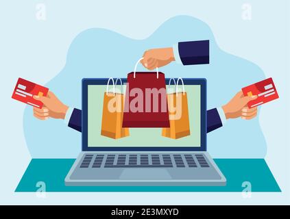 technologie d'achat en ligne dans un ordinateur portable avec cartes de crédit et sacs illustration vectorielle Illustration de Vecteur