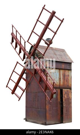 Moulin sauvage rétro vieilli en fer rouillé. Isolé sur blanc Banque D'Images