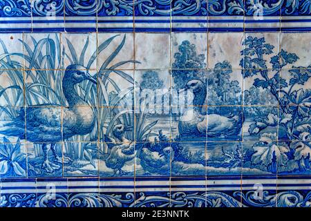 Azulejos décorant des murs dans le jardin du Palais Estoi, Estoi, Loule, Faro district, Algarve, Portugal Banque D'Images